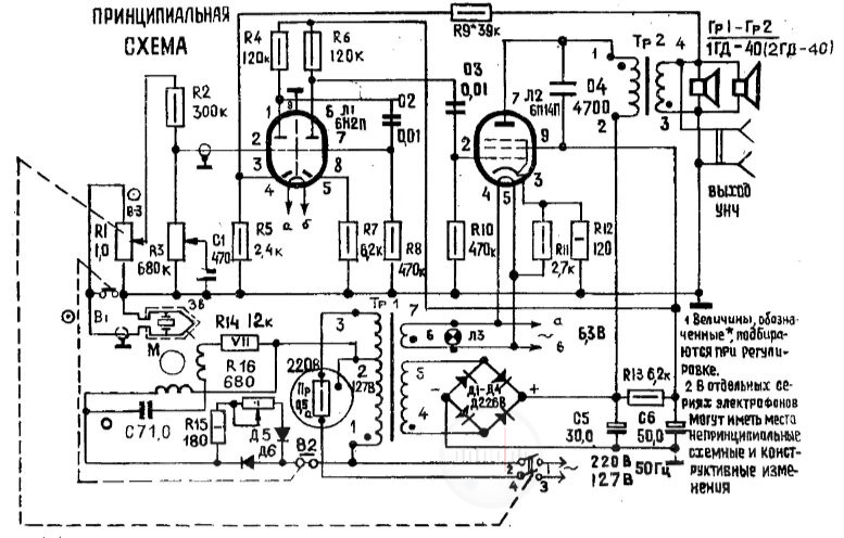 Принципиальная схема электрофона Юность 301 Изображение