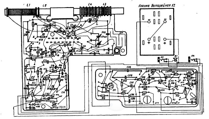 Рис. 1.106. Электромонтажная схема печатной платы радиоприемника Хазар403, (Конденсатор C1 выполнен печатным способом) Изображение